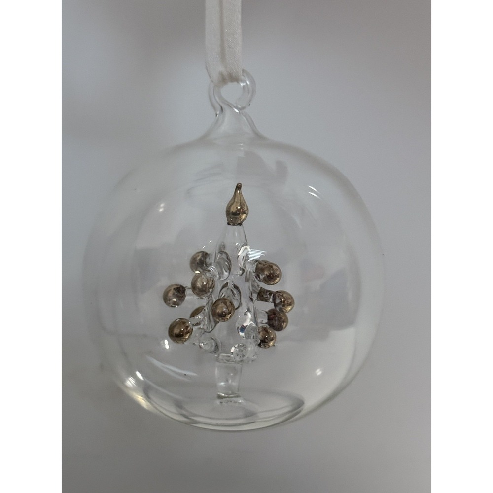 Hand Blown Clear Glass Christmas Ornament Gold Accent Tree Inside Globe Ornament